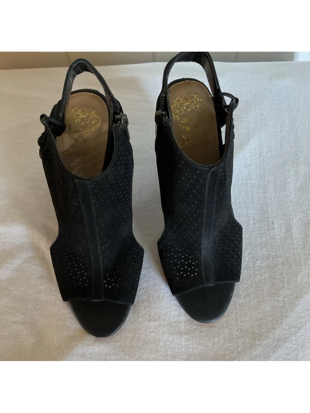 Vince Camuto Black Perforated Leather Peep-Toe Slingbacks